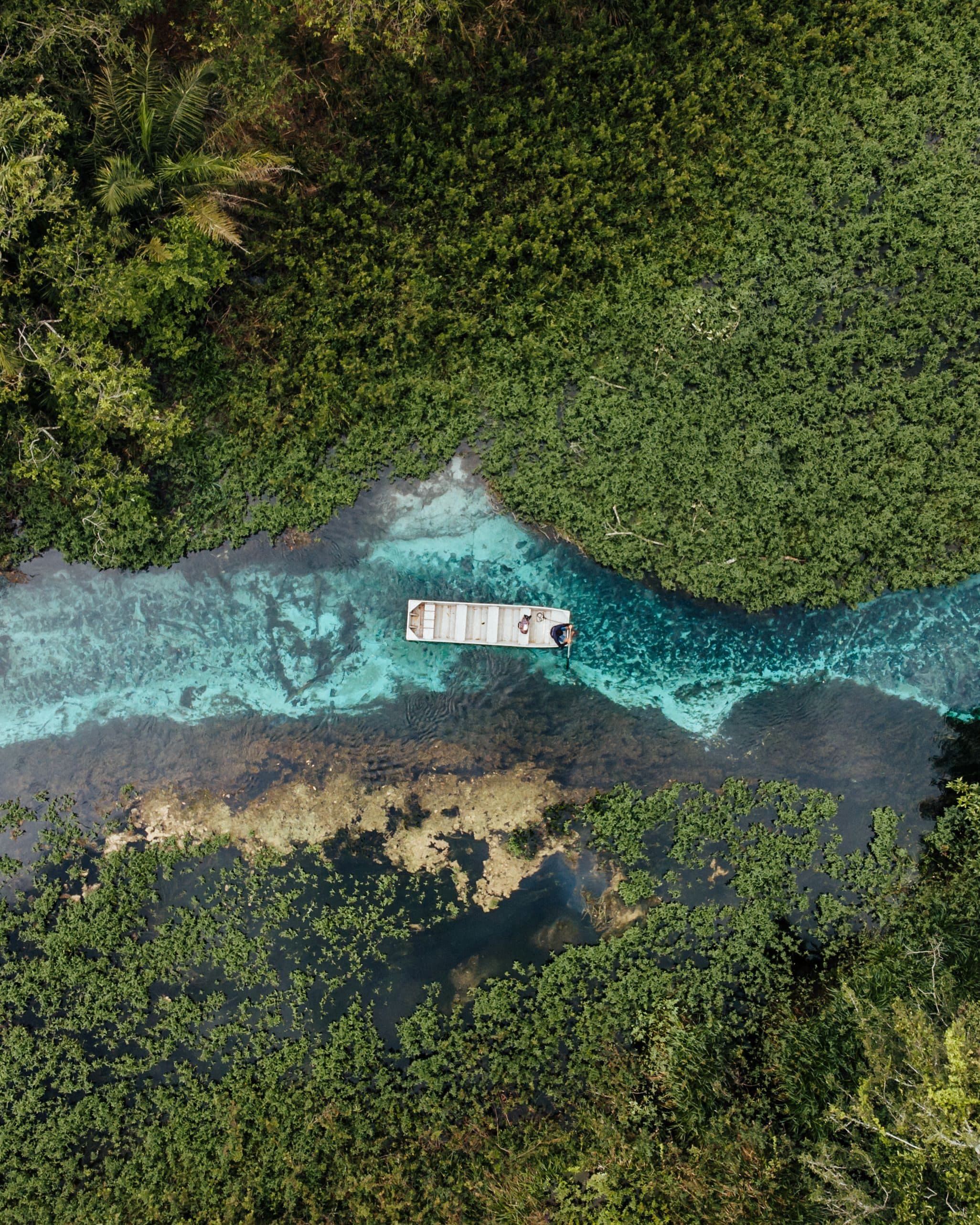 Vista aérea de um barco navegando em águas azuis cercadas por vegetação em Bonito