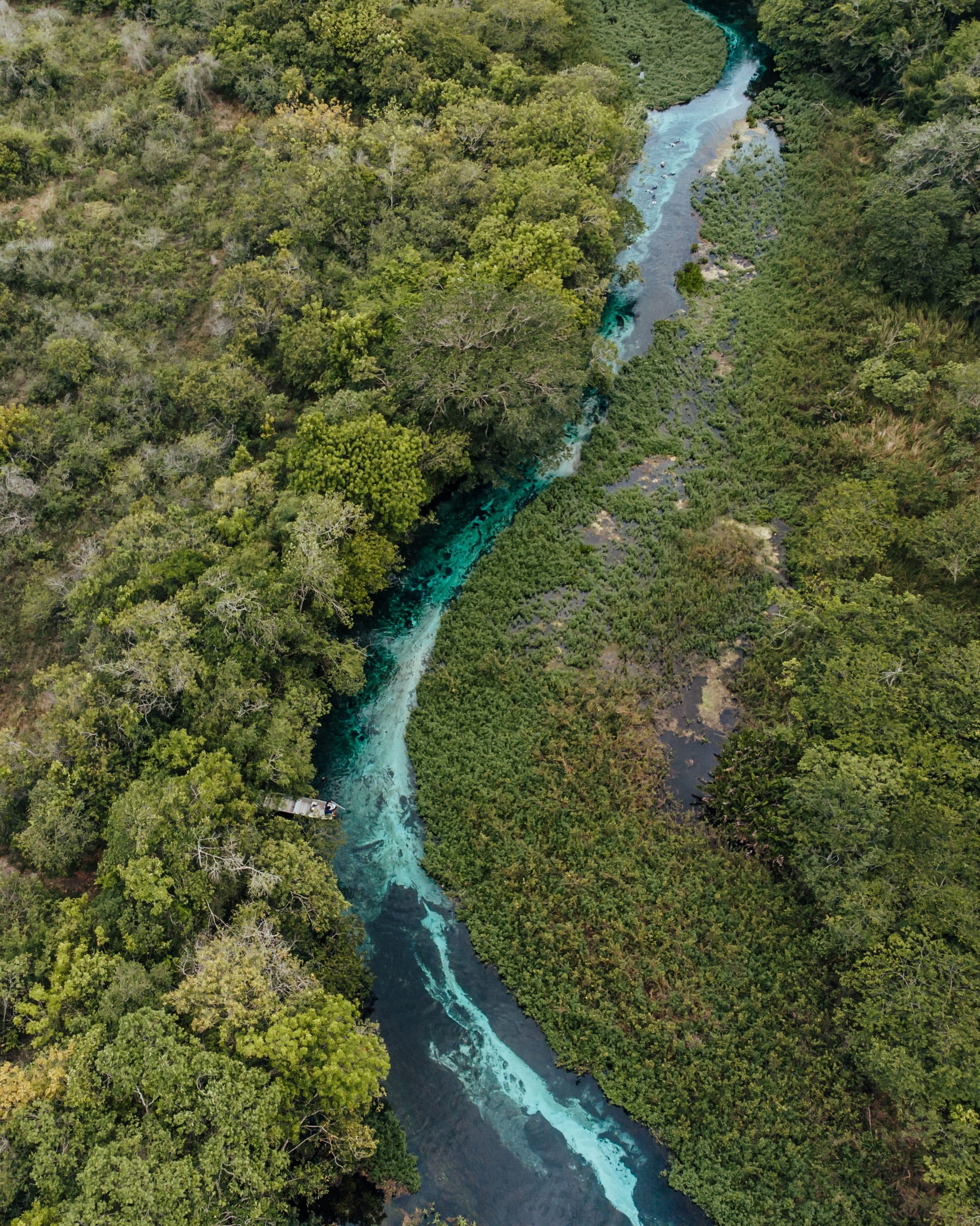 Vista aérea de um rio de águas azul-turquesa em meio à floresta em Bonito
