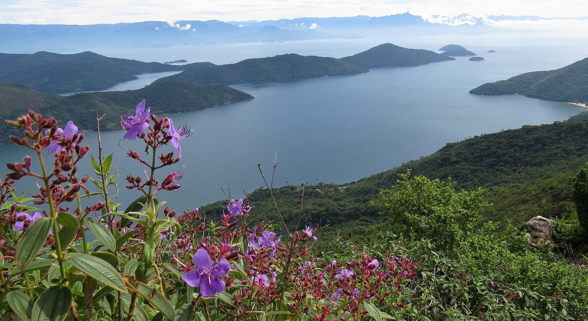 Vista do Pico do Pão de Açúcar no Saco do Mamanguá com a Serra da Bocaina ao fundo em Paraty