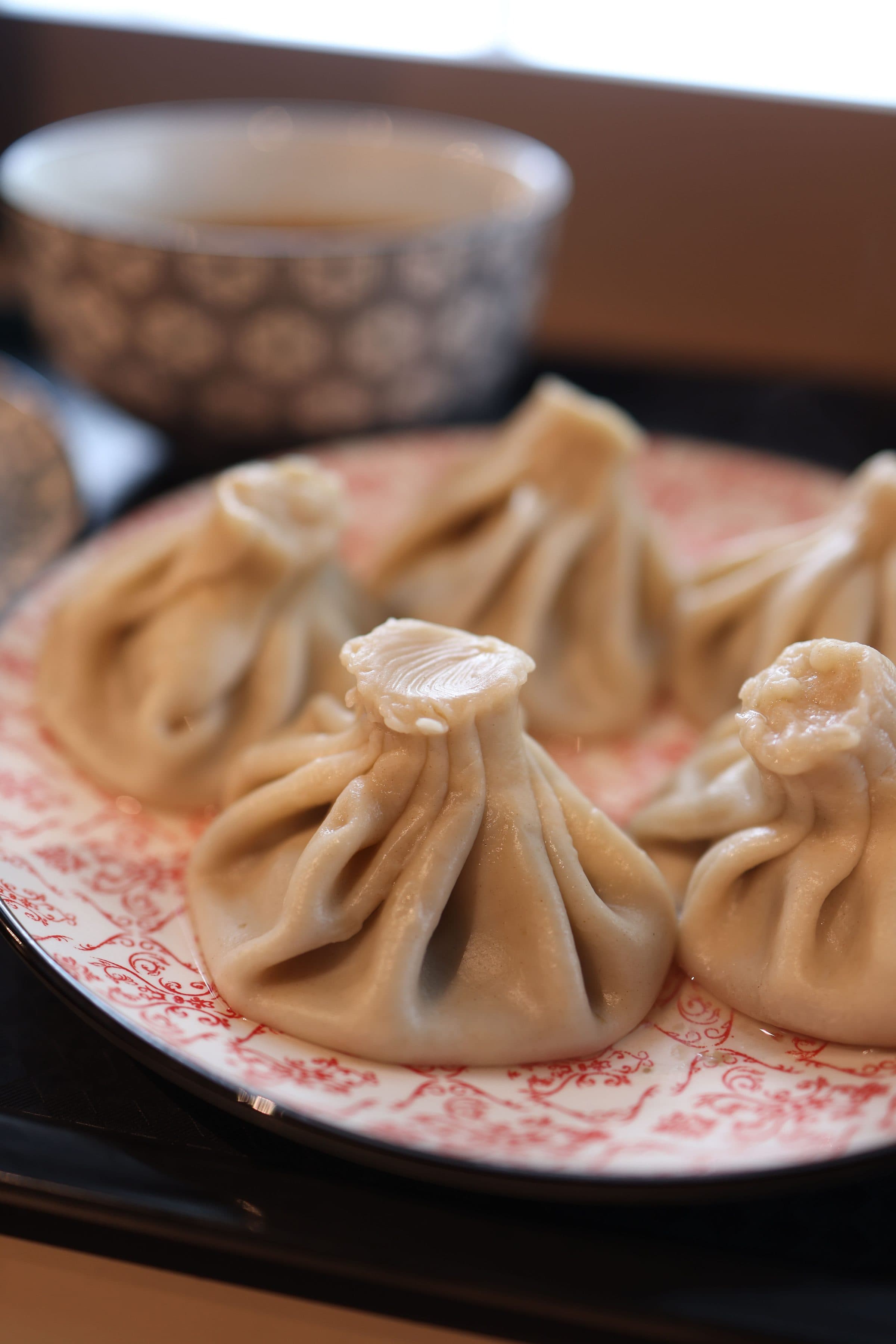 Dumplings cozidos no vapor servidos em um prato estampado