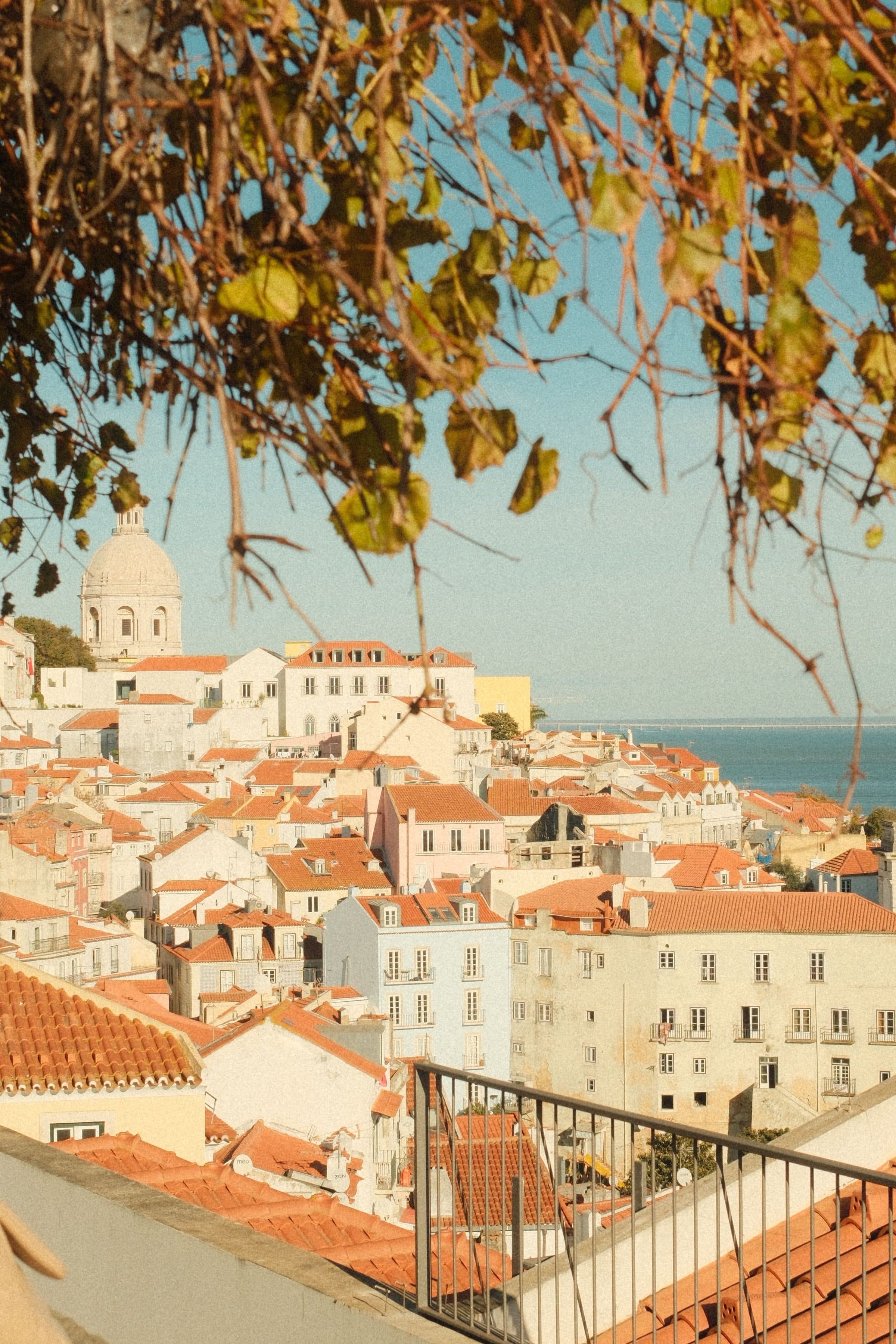 Telhados de terracota do bairro de Alfama em Lisboa com vista para o horizonte costeiro