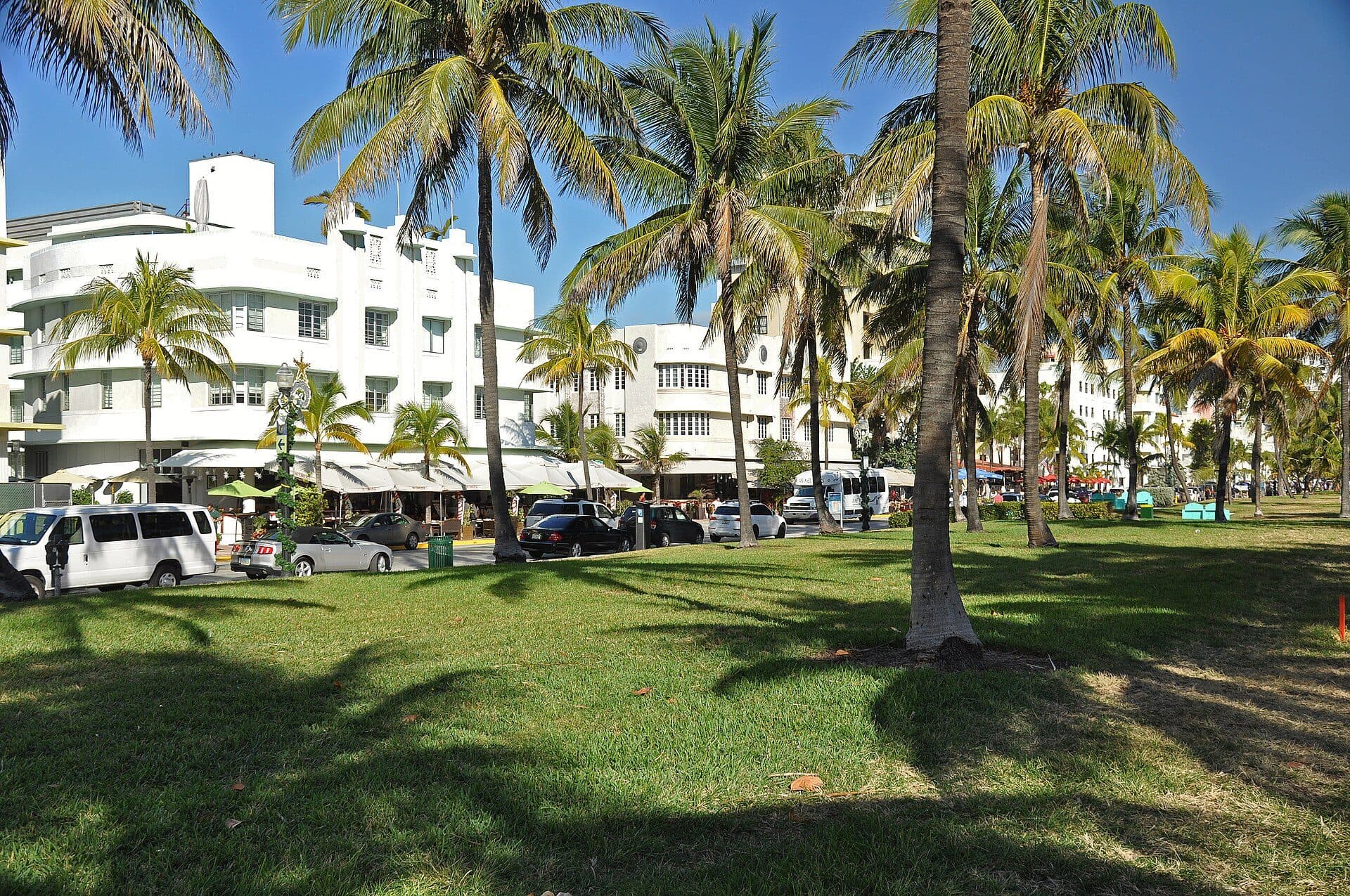 Vista do Lummus Park com hotéis ao fundo em Miami Beach