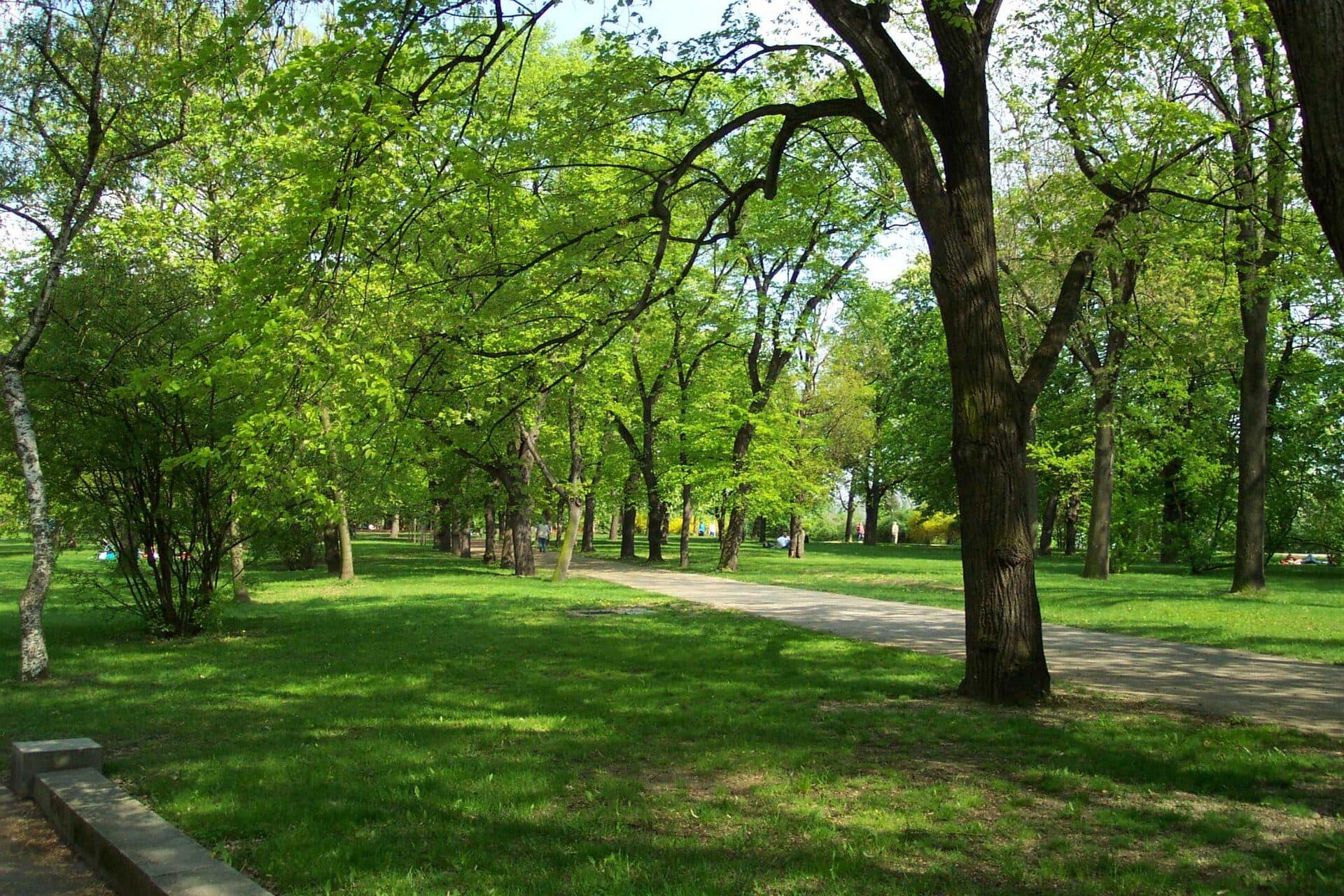 Área verde arborizada no Parque Letná em Praga