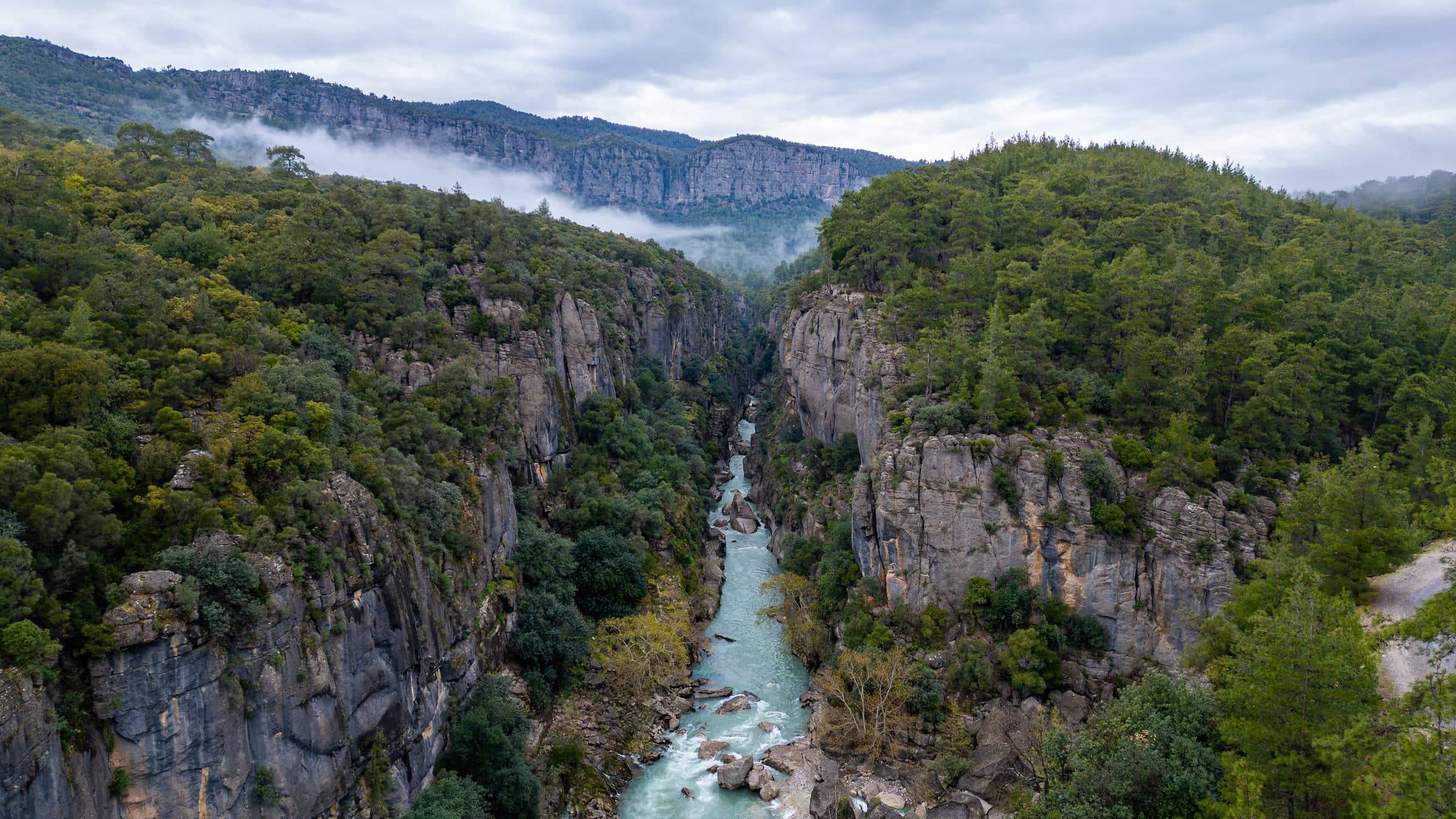 Vista aérea do Köprülü Canyon com vegetação em Antalya, Turquia
