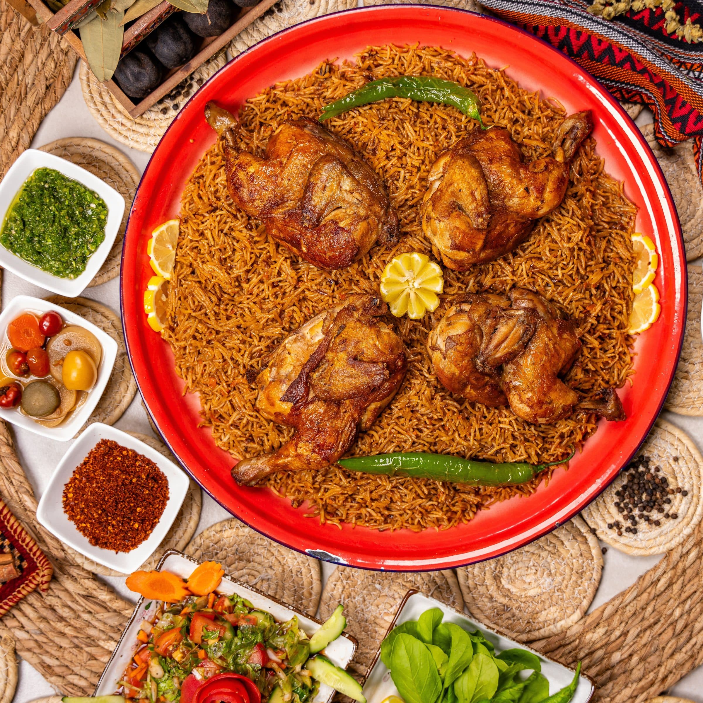 Travessa com frango grelhado, arroz temperado e acompanhamentos variados