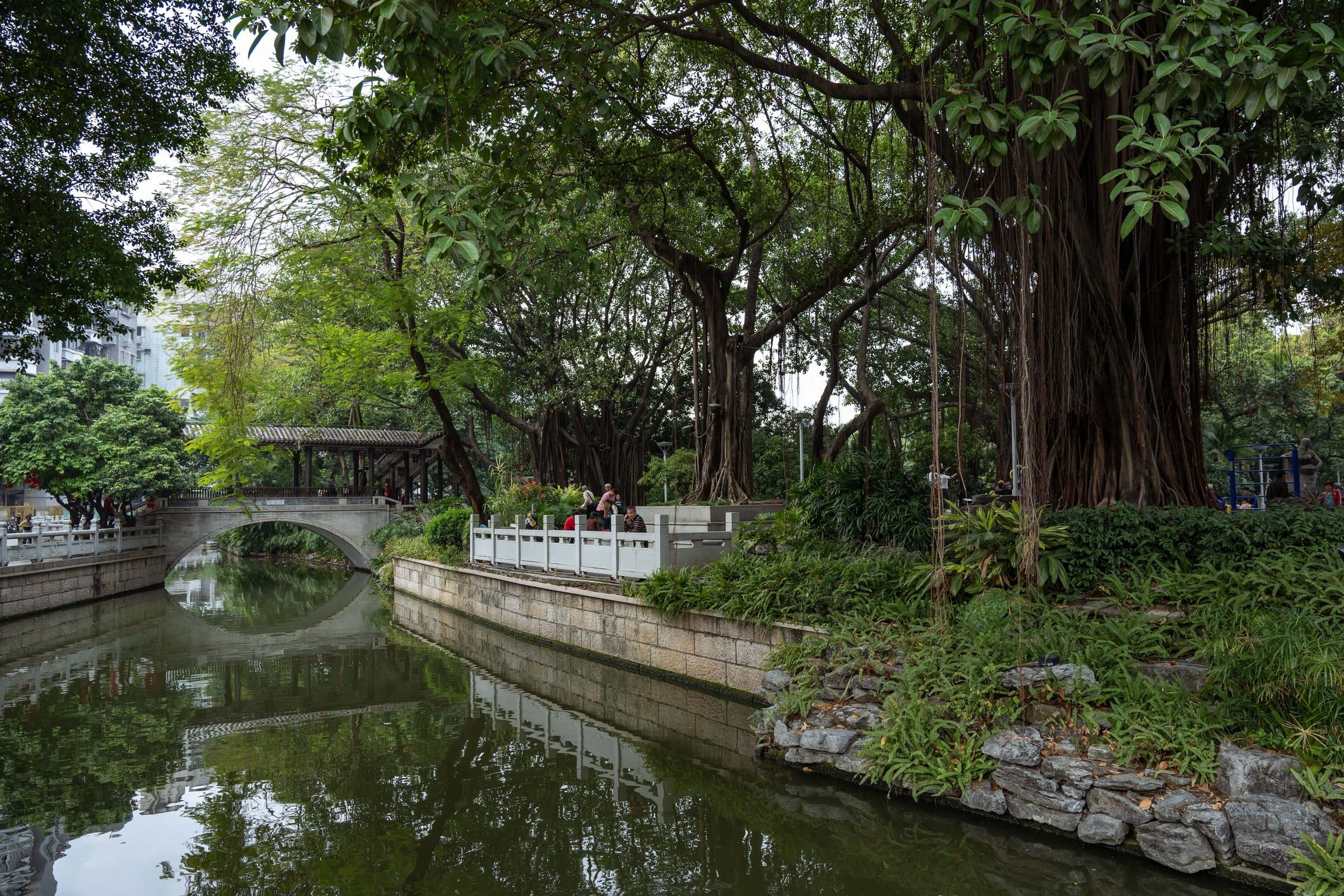 Parque em Guangzhou com ponte de pedra, vegetação densa e reflexos na água