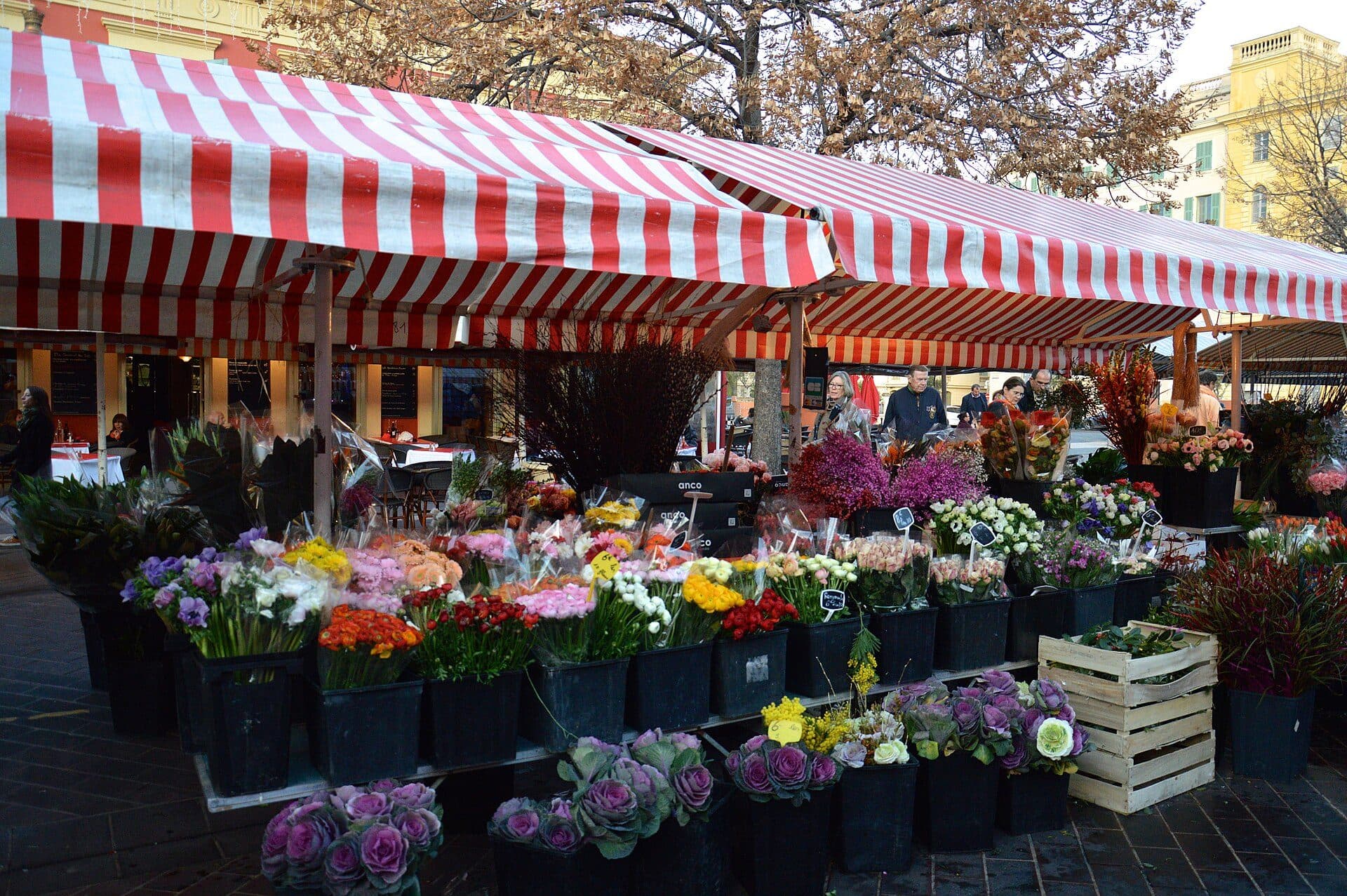Bancas de flores ao ar livre no Marché aux fleurs em Nice
