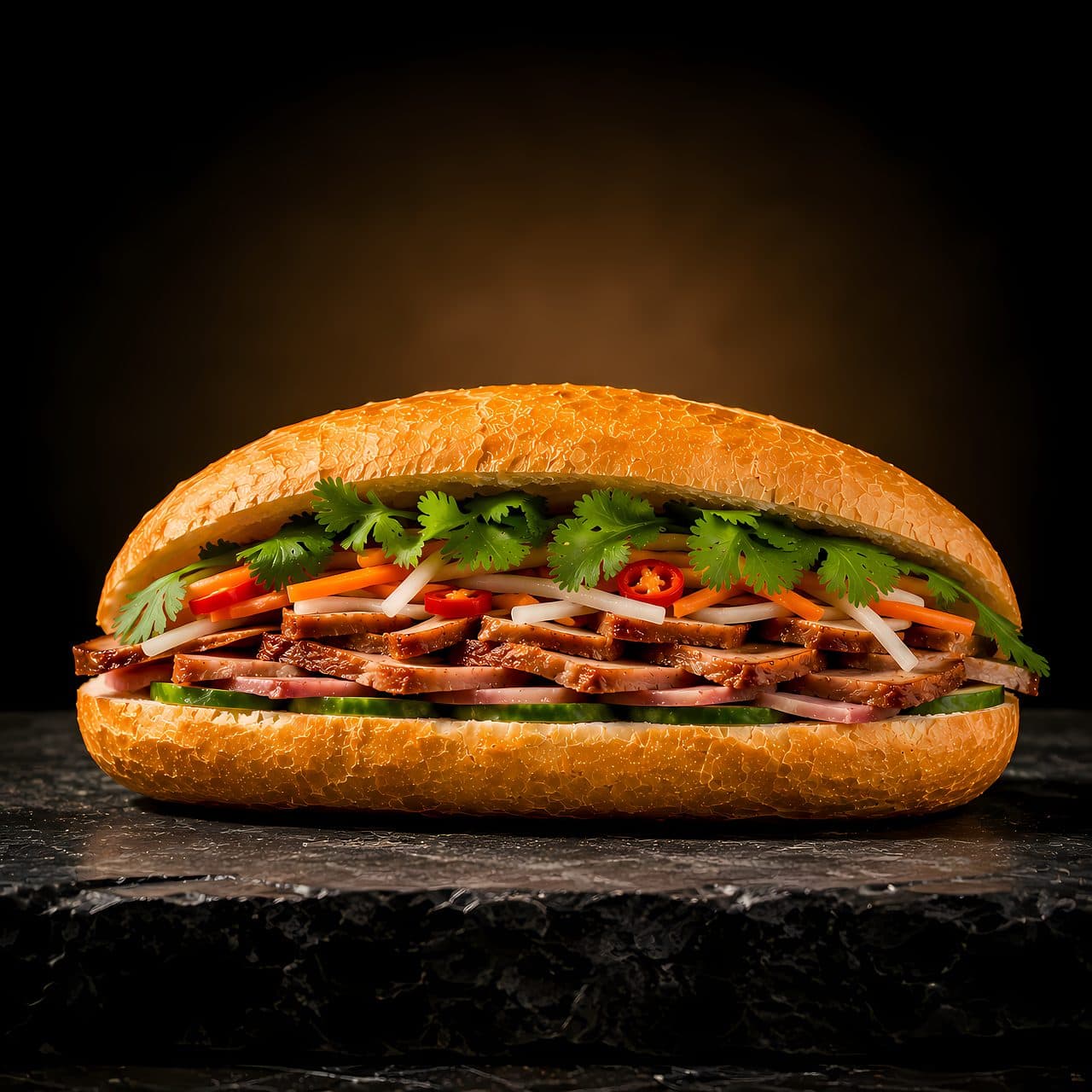 Bánh mì vietnamita servido em pão baguete recheado com carne, pepino, coentro e pimenta