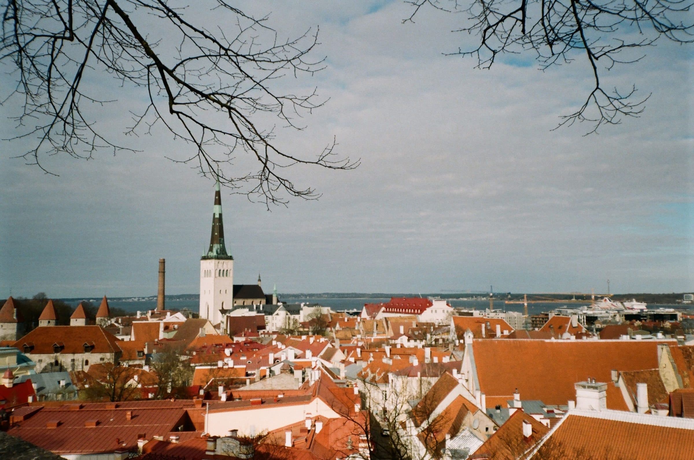 Vista do centro histórico de Tallinn com telhados vermelhos e arquitetura medieval sob o céu azul
