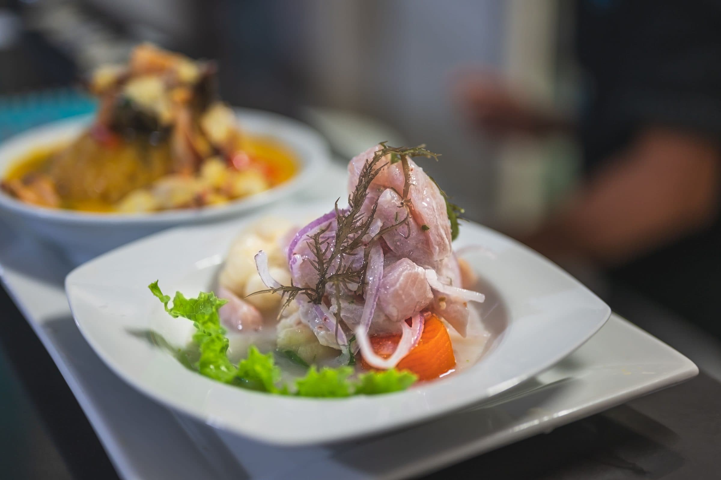 Ceviche servido em um prato branco com guarnições coloridas