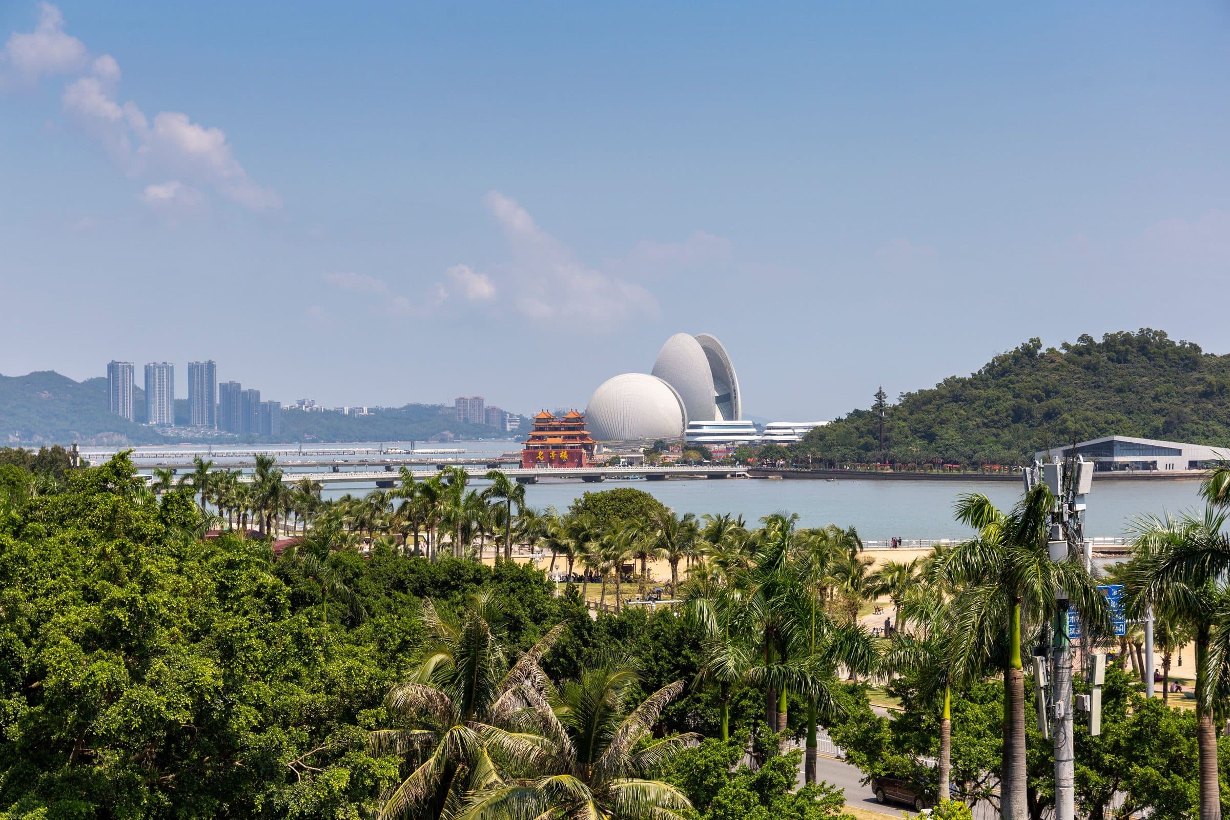 Vista do horizonte urbano de Zhuhai com vegetação e a casa de ópera