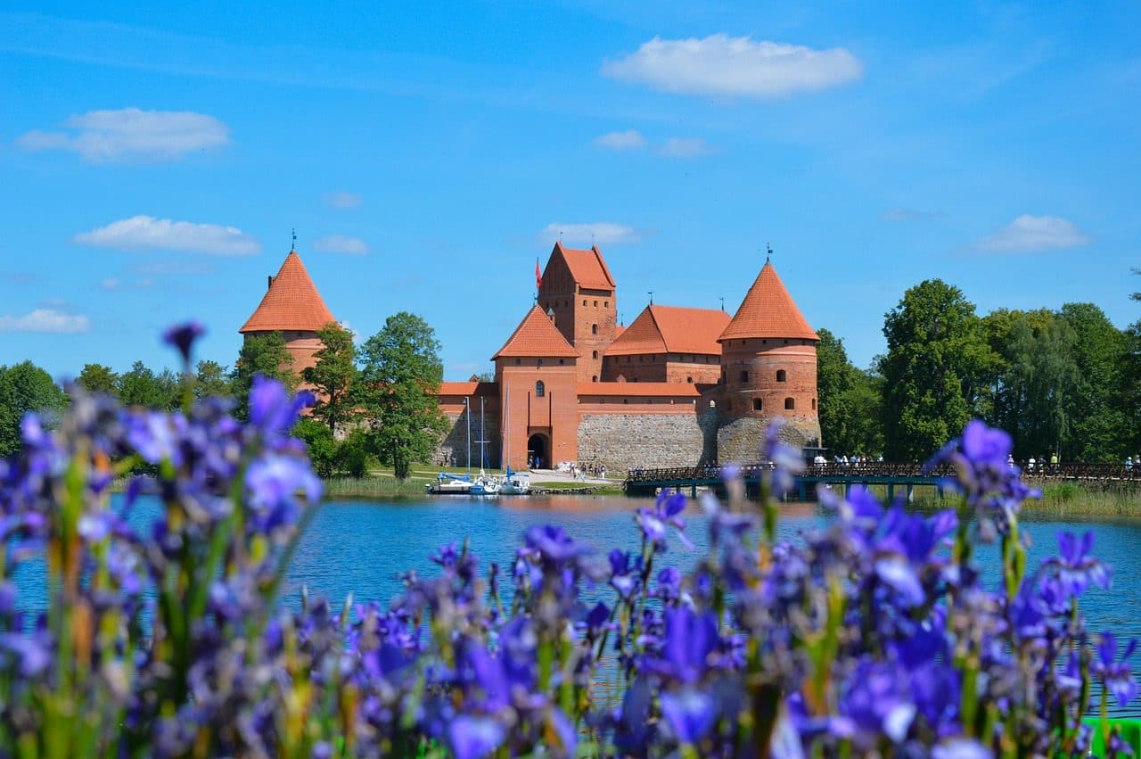 Castelo de Trakai às margens de um lago cercado por flores na Lituânia
