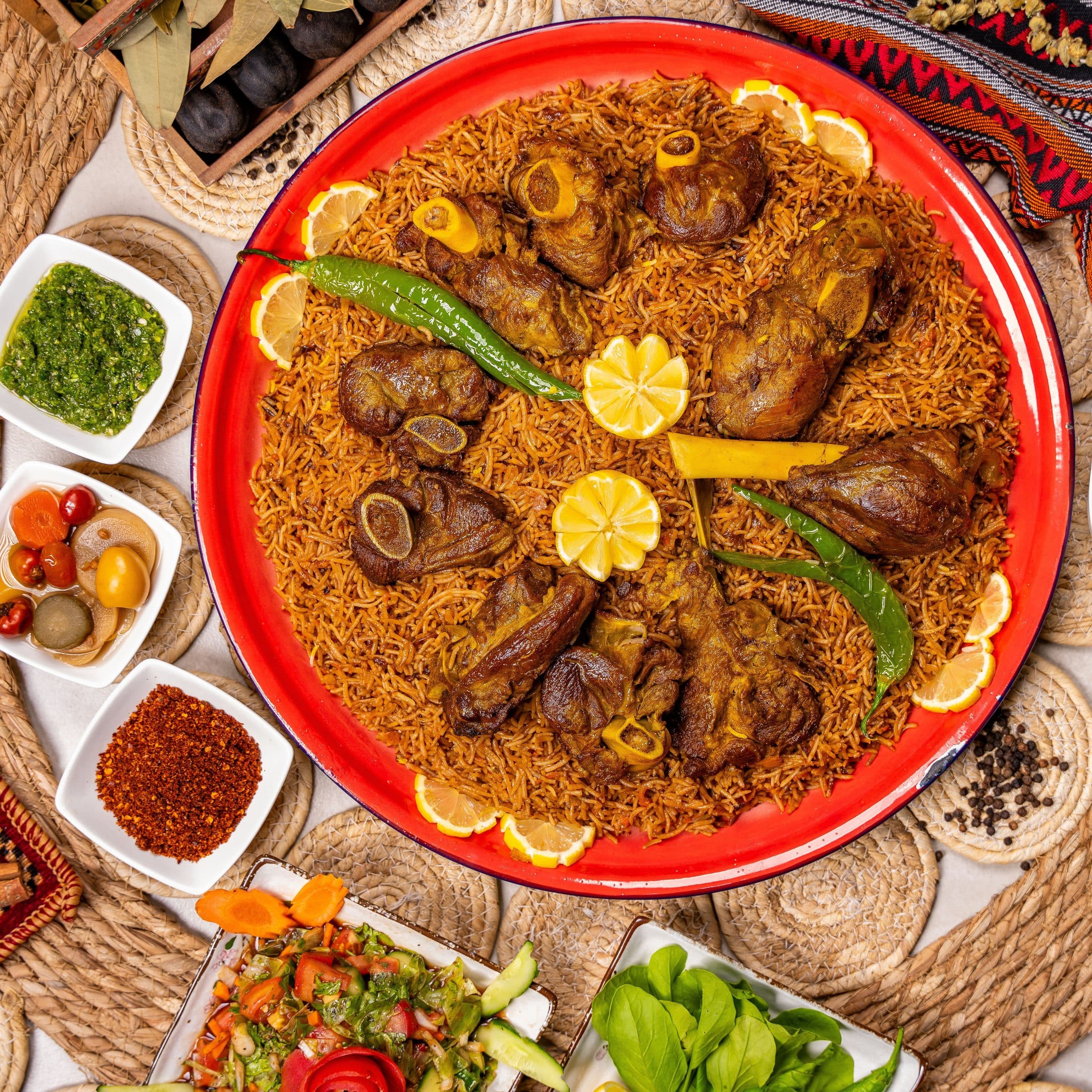 Cordeiro servido sobre arroz com especiarias, decorado com limão e pimentas