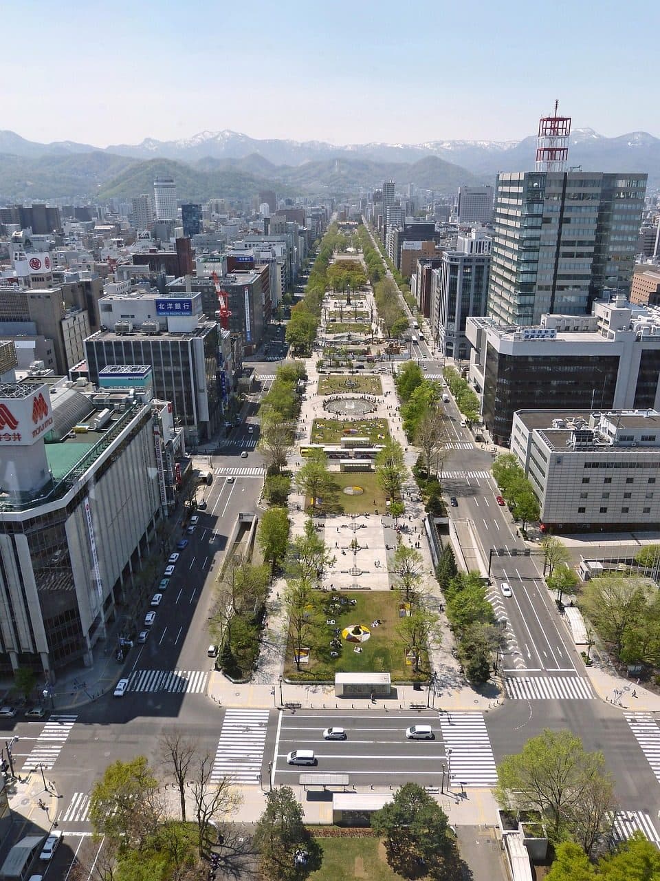 Vista urbana de Sapporo com árvores do Odori Park e prédios da cidade ao fundo