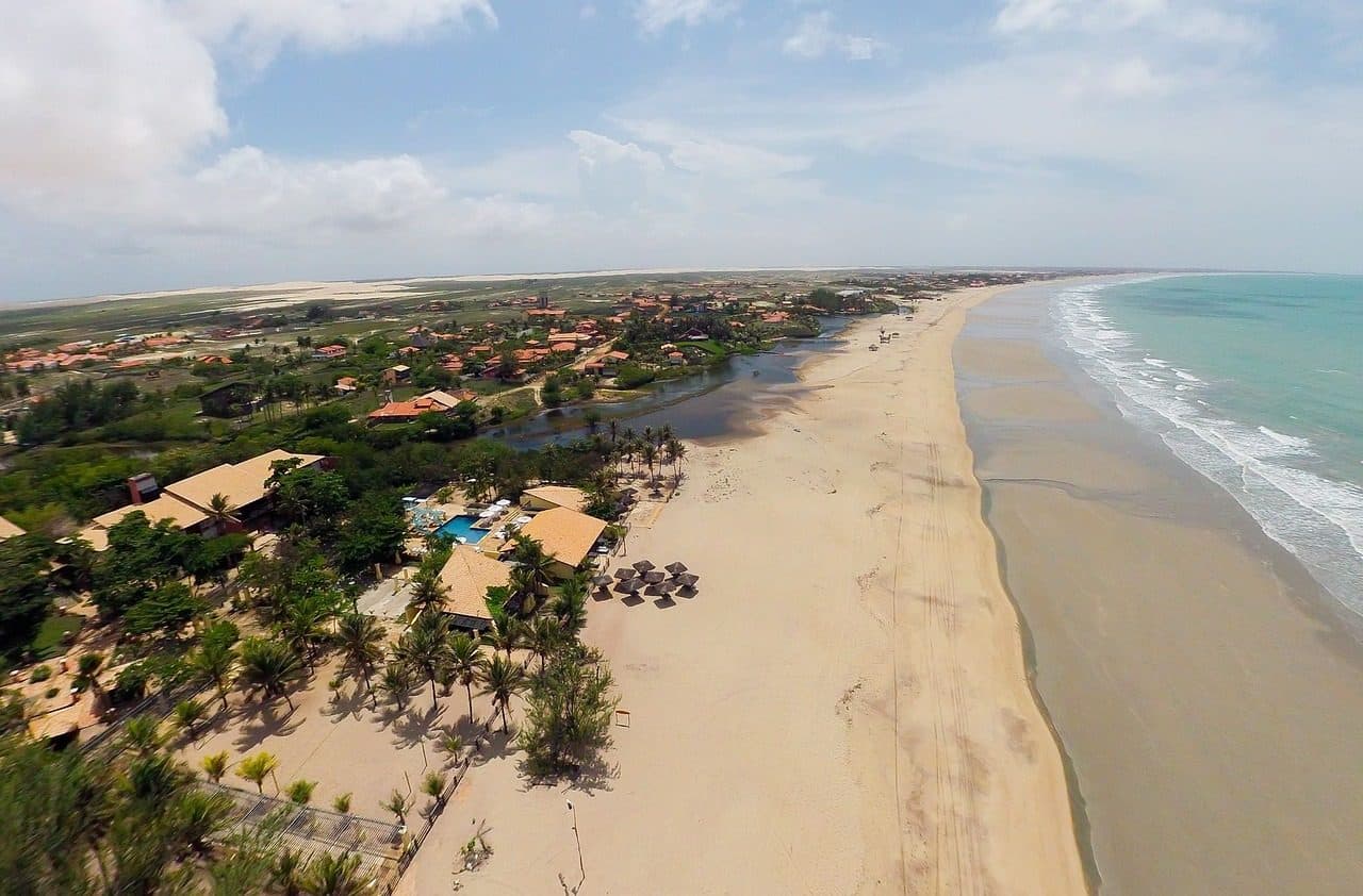 Praia de areia com palmeiras no litoral do Piauí