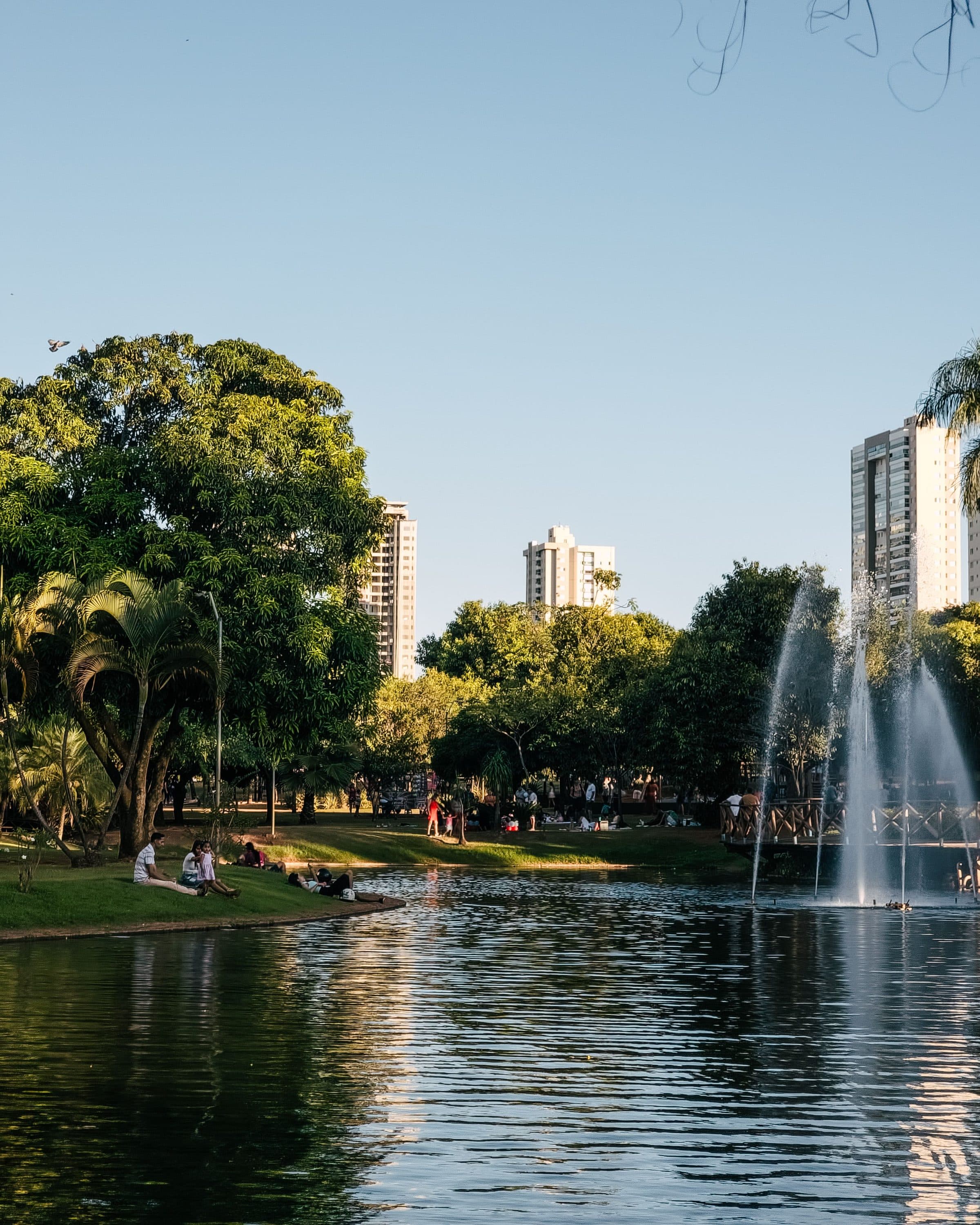 Parque com fonte e área verde em Goiânia sob céu limpo