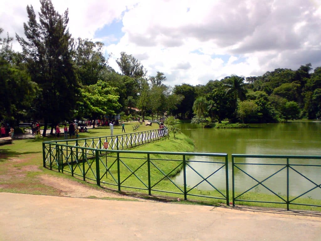 Lago com macacos nas ilhas no Zoológico Quinzinho de Barros em Sorocaba