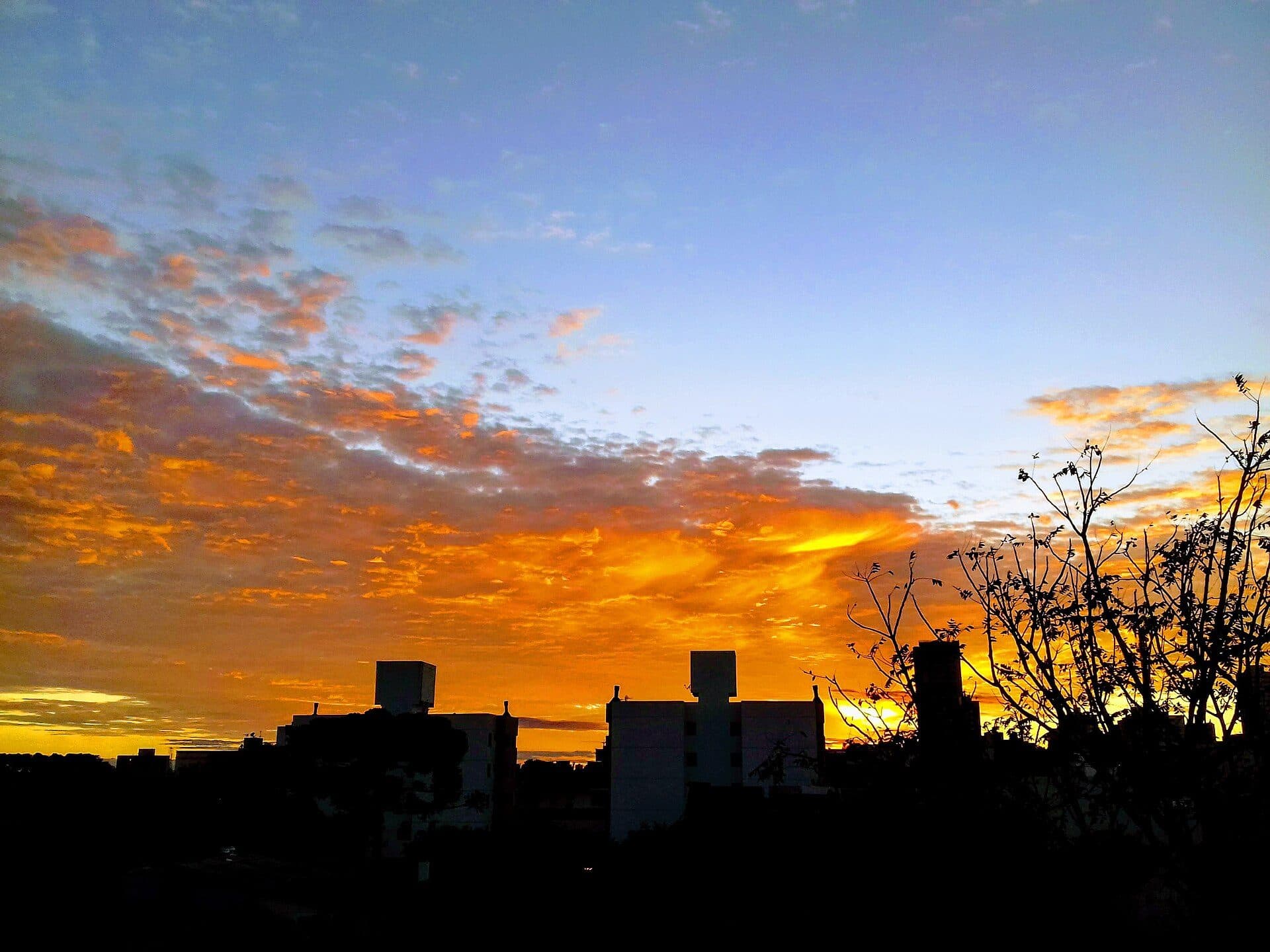 Amanhecer com tons amarelados no céu em Cascavel