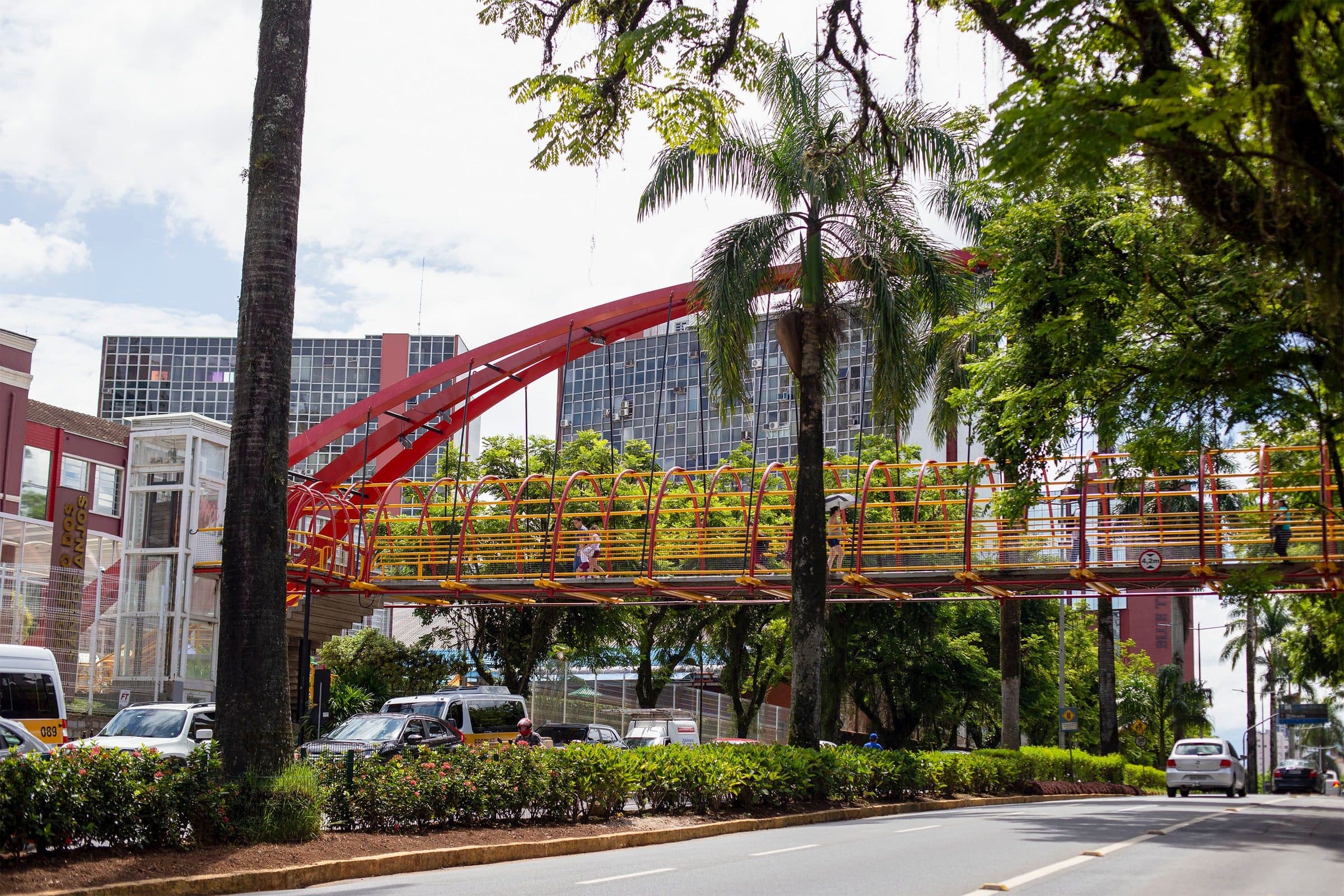 Passarela colorida para pedestres sobre rua em Joinville, cercada por vegetação e prédios modernos
