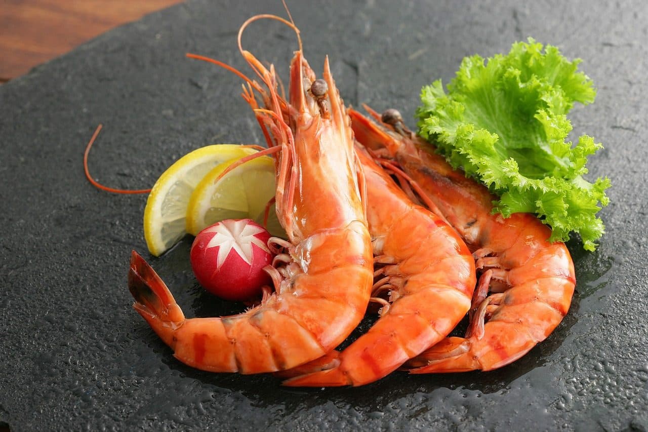 Prato com camarões e frutos do mar com o oceano ao fundo