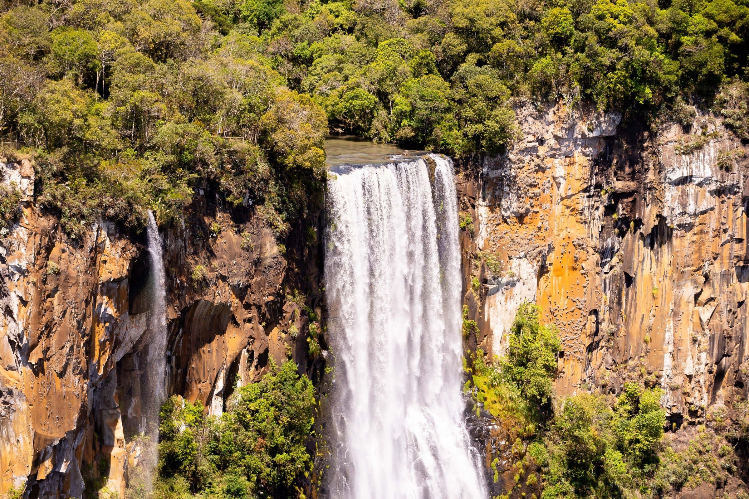 Cachoeira cercada por densa vegetação verde em Guarapuava, Paraná